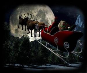 yapboz Noel Baba büyülü Noel gecesi uçan ren geyikleri tarafından çekilen bir atlı kızak